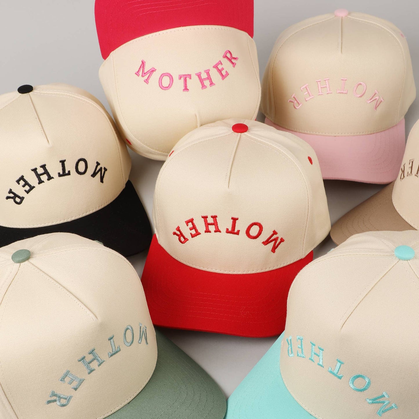 MOTHER Upside Down Lettering Embroidery Cap: Red