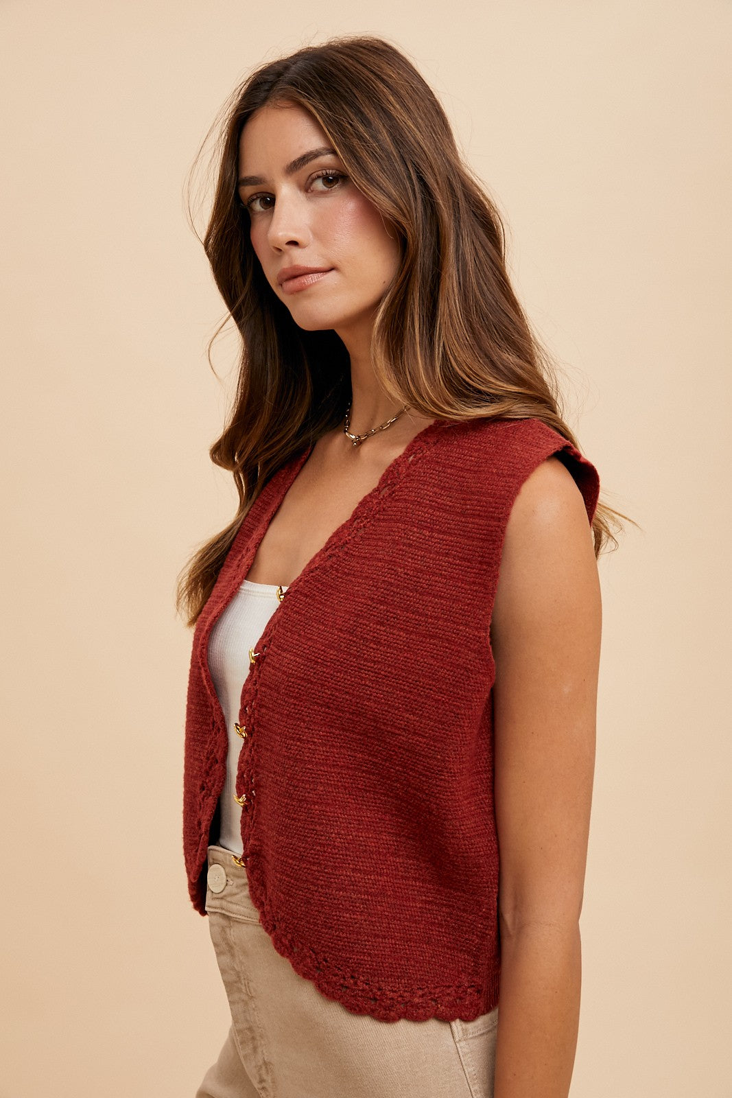 Cozy Crochet Trimmed Button Down Sweater Vest