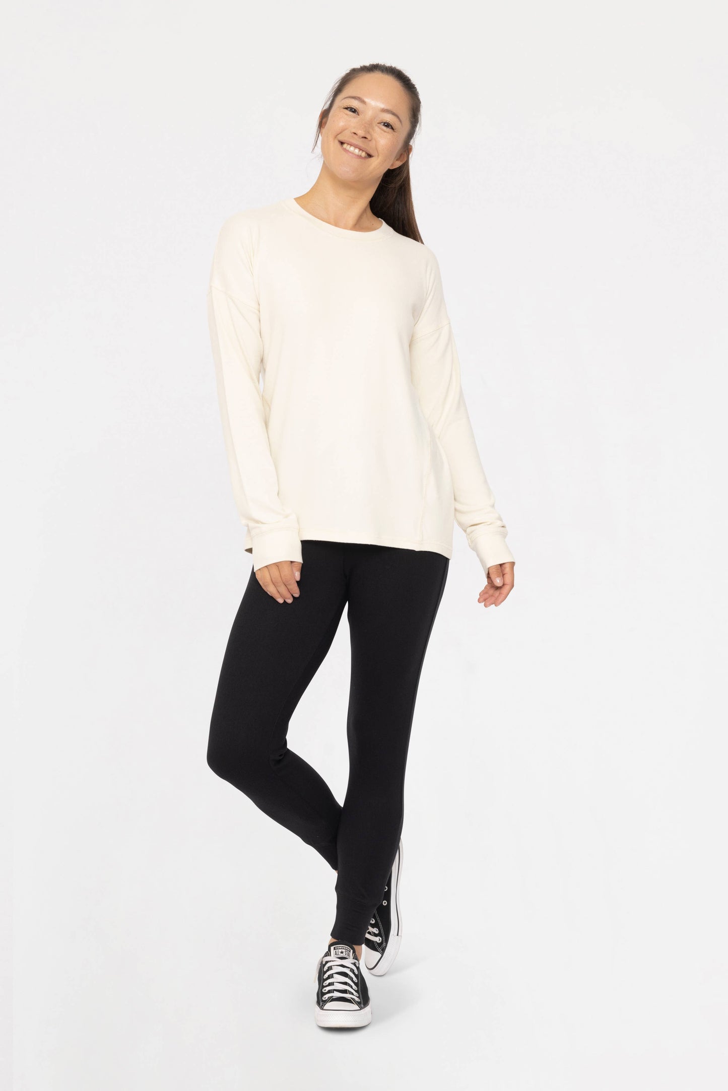 Brushed Crew Neck Long Sleeve Top: Black / S:M:L (2:2:2)