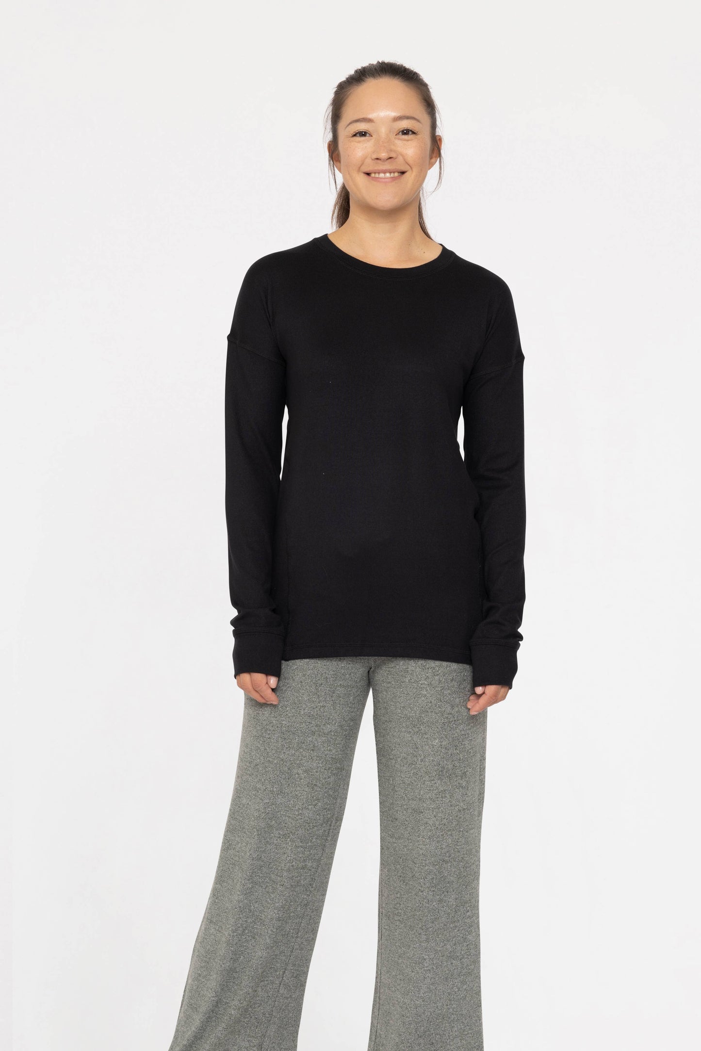 Brushed Crew Neck Long Sleeve Top: Black / S:M:L (2:2:2)