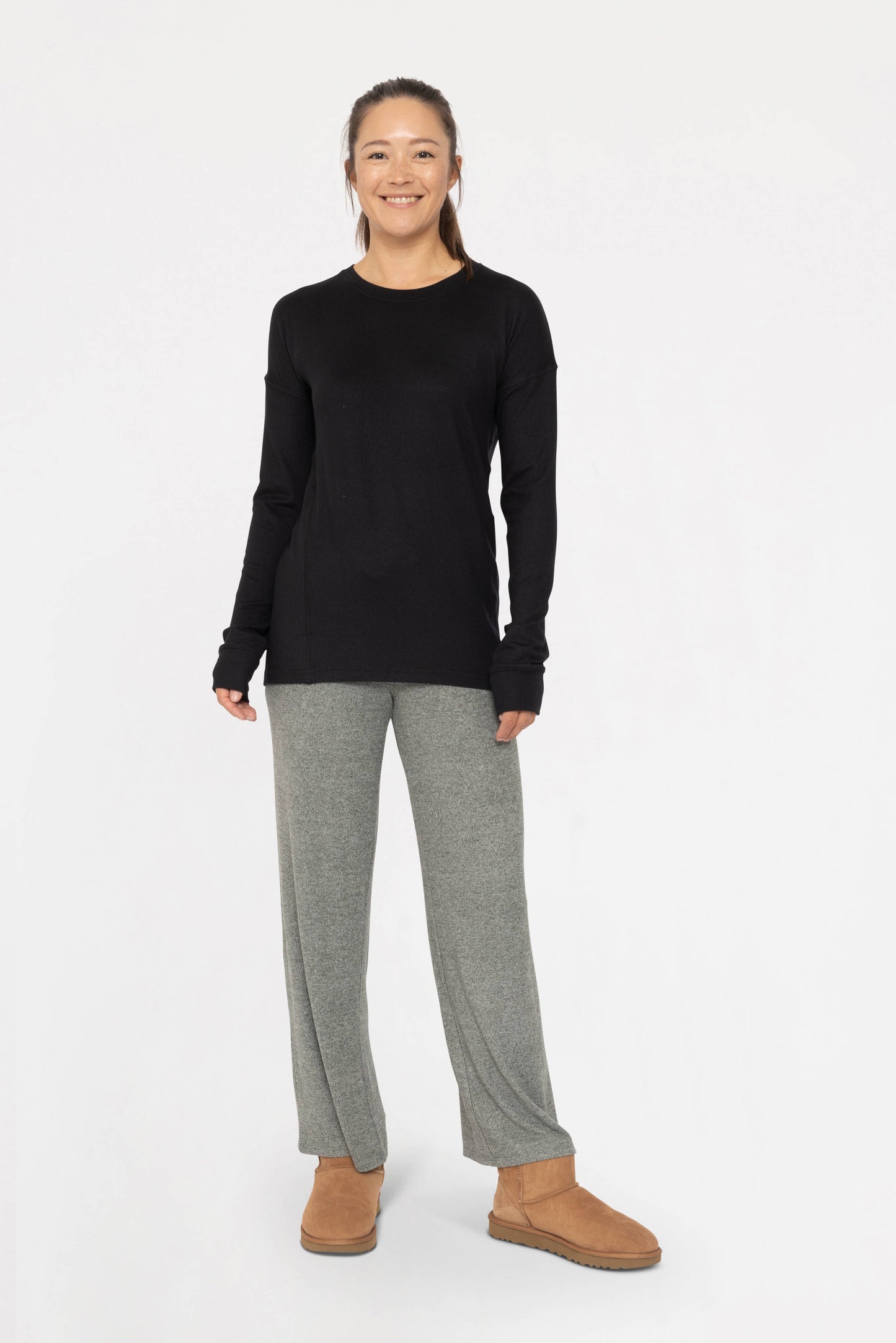Brushed Crew Neck Long Sleeve Top: Black / S:M:L (2:2:2)