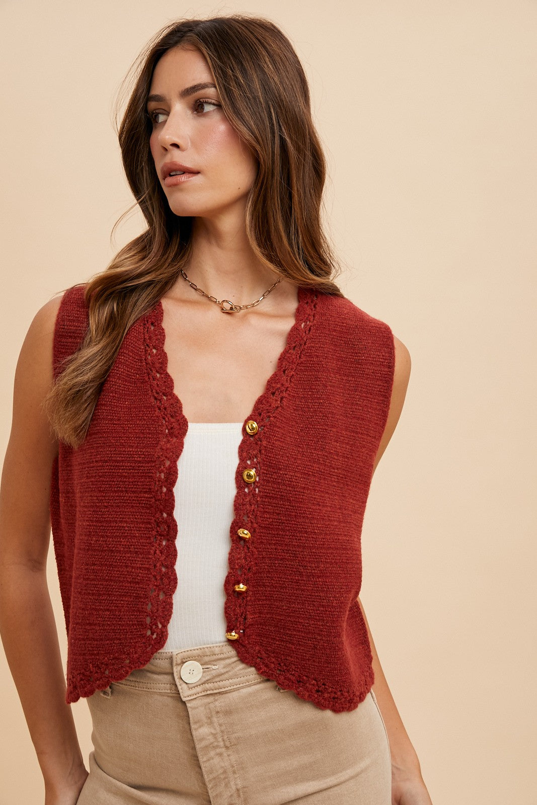 Cozy Crochet Trimmed Button Down Sweater Vest