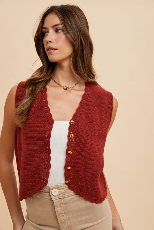 Cozy Crochet Trimmed Button Down Sweater Vest