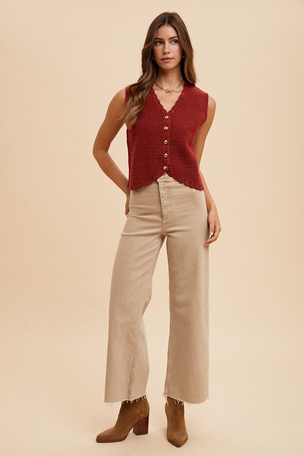 Cozy Crochet Trimmed Button Down Sweater Vest