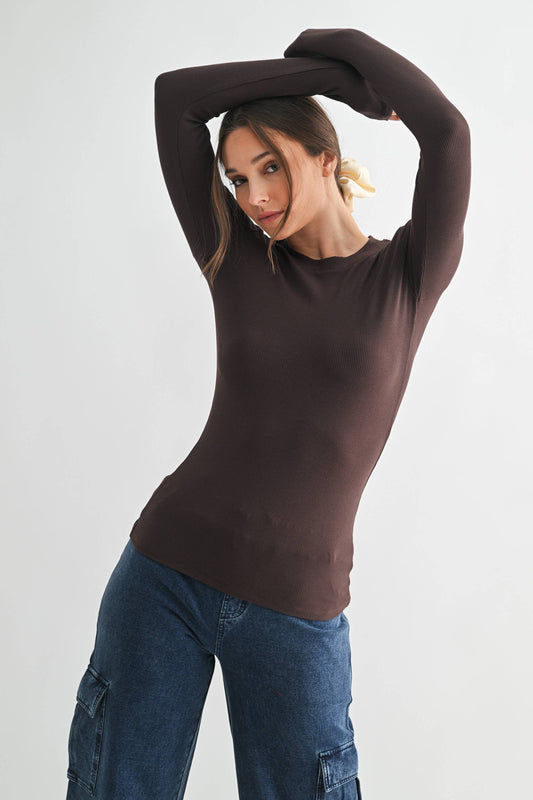 Essential Long-Sleeved Micro-Ribbed Athleisure Top - Espresso