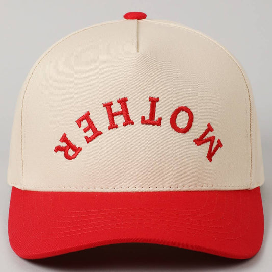 MOTHER Upside Down Lettering Embroidery Cap: Red